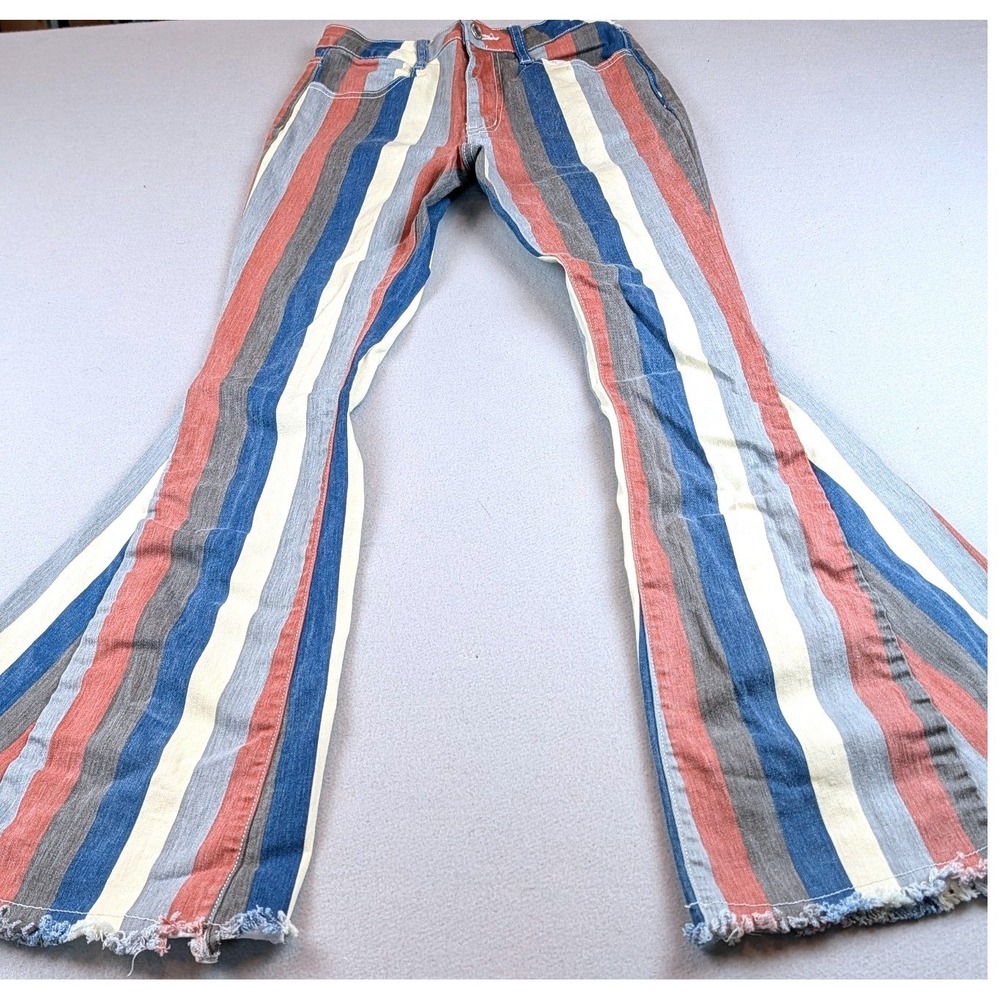 Altar'd State Striped Flare Jeans Blue Red Cream Boho Bell Bottom Small